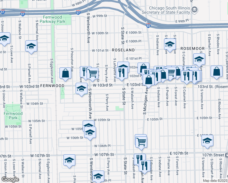 map of restaurants, bars, coffee shops, grocery stores, and more near 53 West 103rd Place in Chicago