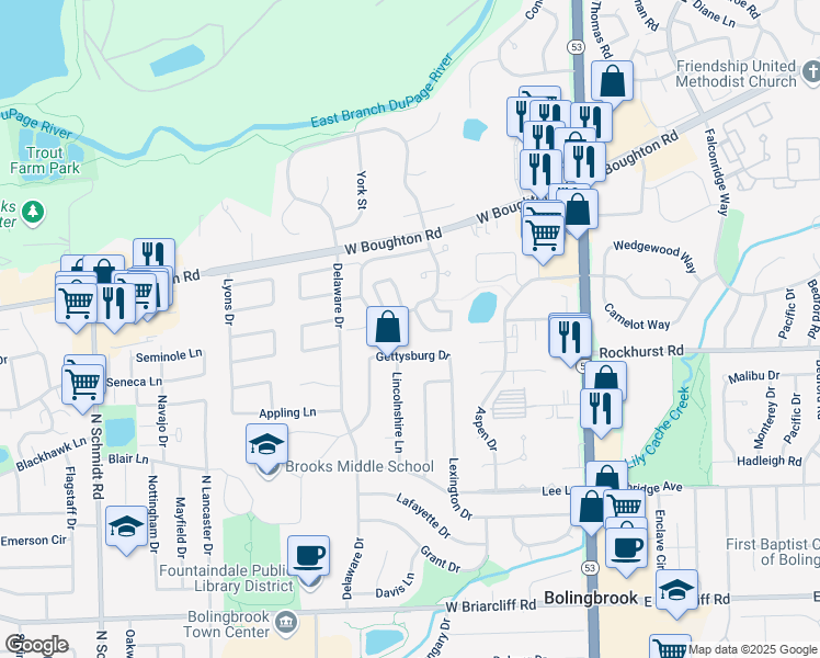 map of restaurants, bars, coffee shops, grocery stores, and more near 239 Gettysburg Drive in Bolingbrook