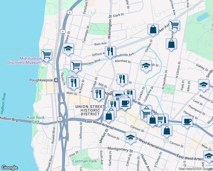 map of restaurants, bars, coffee shops, grocery stores, and more near 225 Mill Street in Poughkeepsie