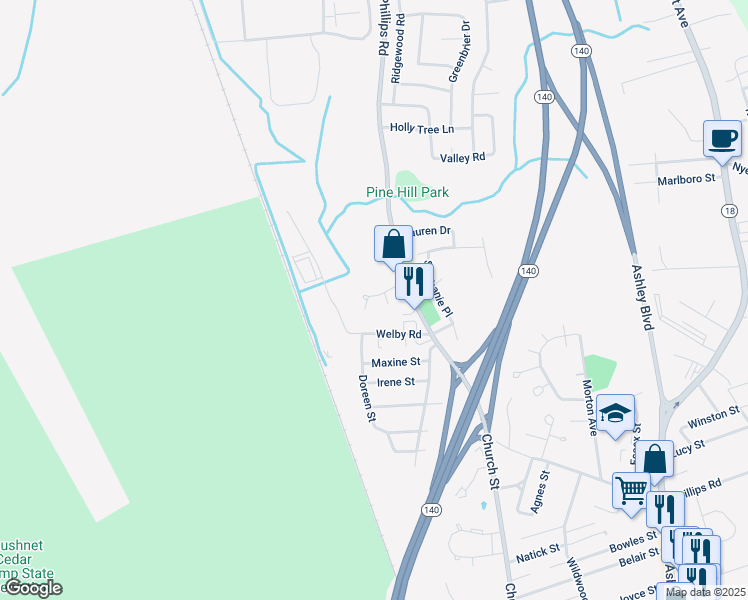 map of restaurants, bars, coffee shops, grocery stores, and more near 1399 Phillips Road in New Bedford