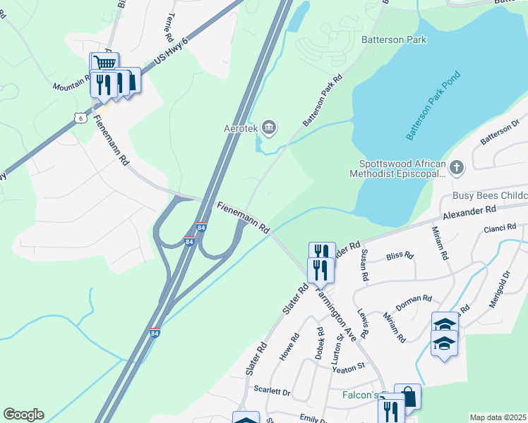 map of restaurants, bars, coffee shops, grocery stores, and more near 1040 Fienemann Road in New Britain
