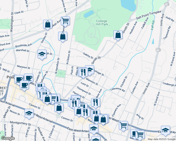 map of restaurants, bars, coffee shops, grocery stores, and more near 4 Dutcher Place in Poughkeepsie