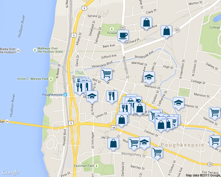 map of restaurants, bars, coffee shops, grocery stores, and more near 19 North Bridge Street in Poughkeepsie