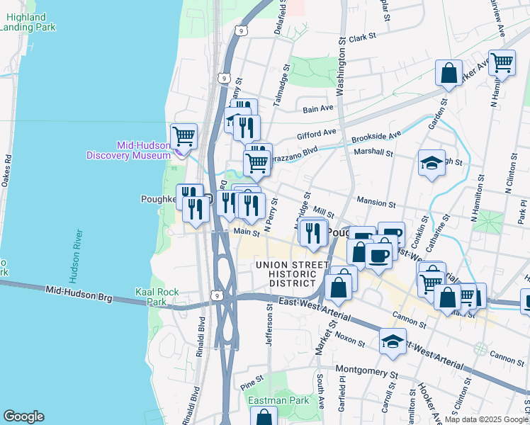 map of restaurants, bars, coffee shops, grocery stores, and more near 135 Main Street in Poughkeepsie