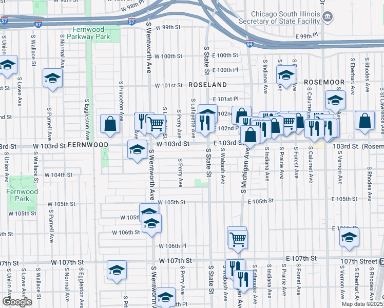 map of restaurants, bars, coffee shops, grocery stores, and more near 53 West 103rd Place in Chicago