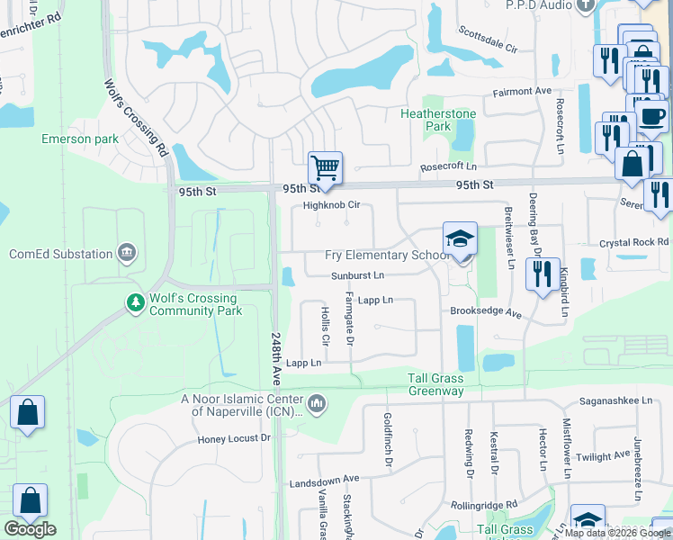 map of restaurants, bars, coffee shops, grocery stores, and more near 3816 Sunburst Lane in Naperville