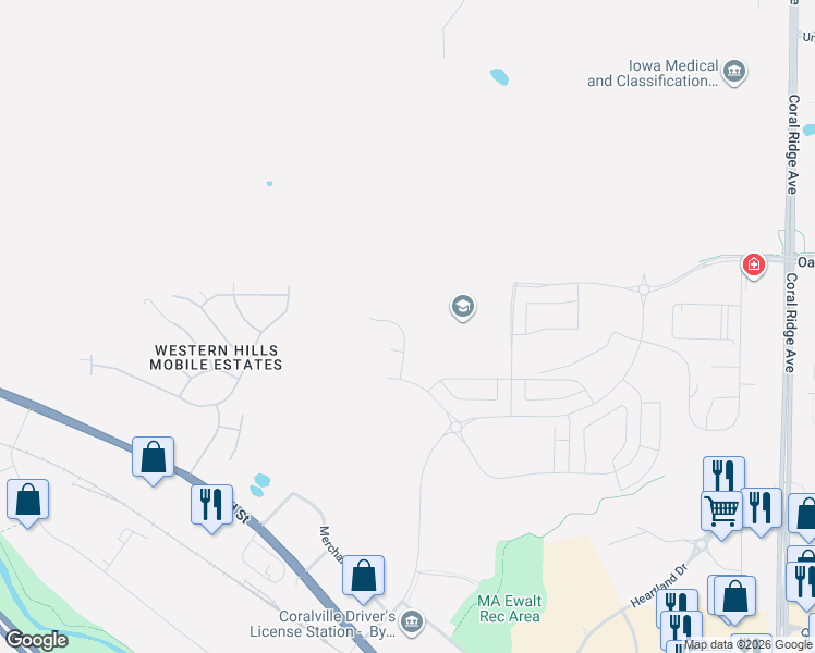 map of restaurants, bars, coffee shops, grocery stores, and more near Jones Boulevard in Coralville
