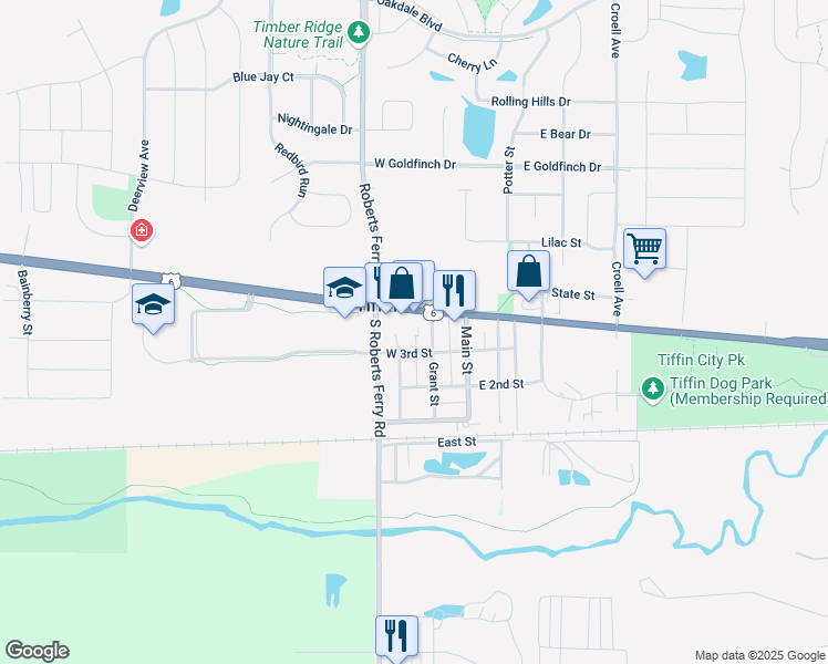 map of restaurants, bars, coffee shops, grocery stores, and more near 222 West 3rd Street in Tiffin
