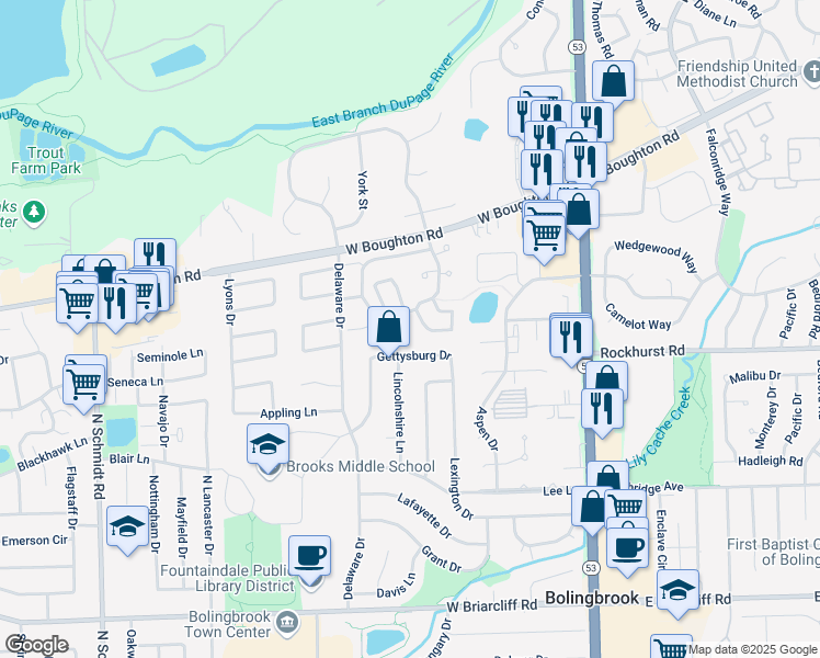 map of restaurants, bars, coffee shops, grocery stores, and more near 13 Elm Court in Bolingbrook