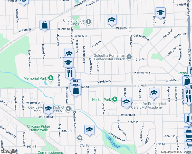 map of restaurants, bars, coffee shops, grocery stores, and more near 5500 Oakdale Drive in Oak Lawn