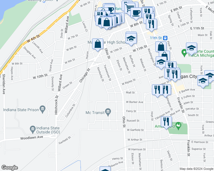 map of restaurants, bars, coffee shops, grocery stores, and more near 1406 Kentucky Street in Michigan City