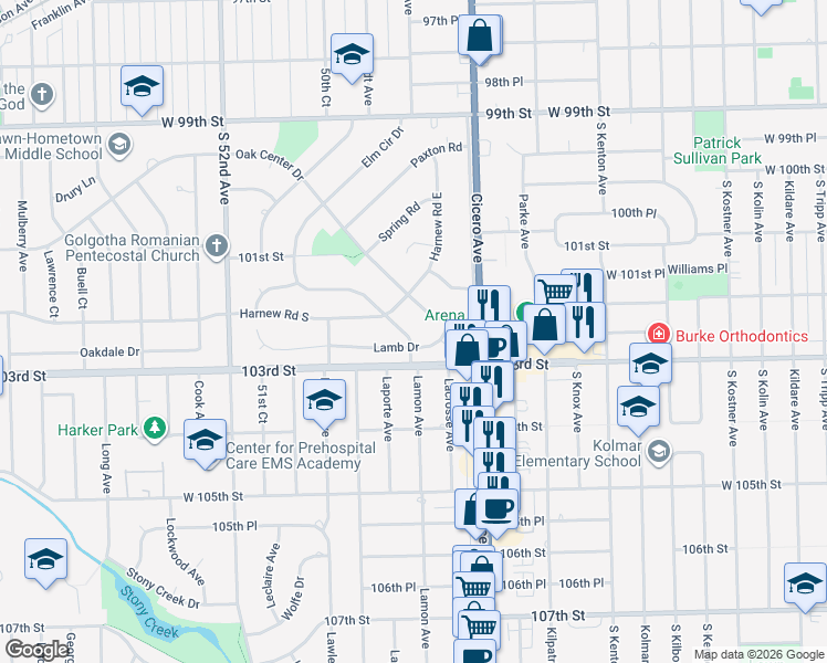 map of restaurants, bars, coffee shops, grocery stores, and more near 4845 Lamb Drive in Oak Lawn