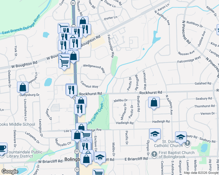 map of restaurants, bars, coffee shops, grocery stores, and more near 301 Malibu Drive in Bolingbrook