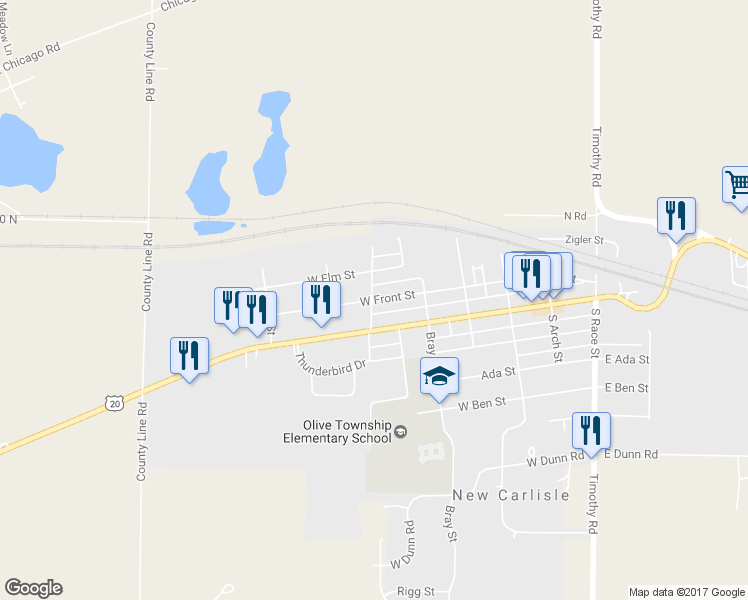 map of restaurants, bars, coffee shops, grocery stores, and more near 406 West Front Street in New Carlisle