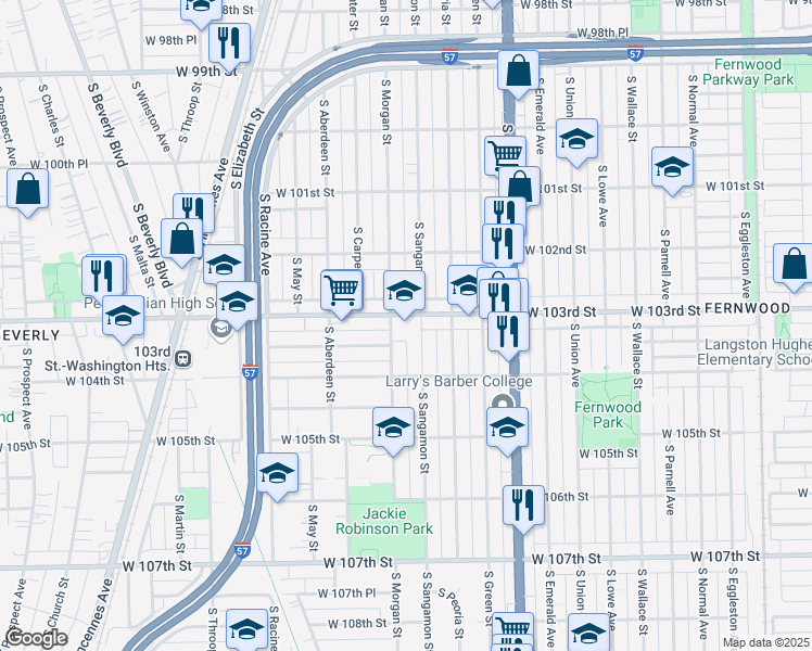 map of restaurants, bars, coffee shops, grocery stores, and more near 10309 South Morgan Street in Chicago