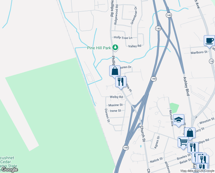 map of restaurants, bars, coffee shops, grocery stores, and more near 1399 Phillips Road in New Bedford