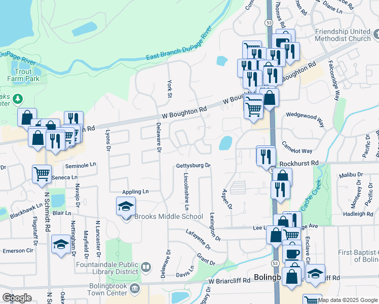 map of restaurants, bars, coffee shops, grocery stores, and more near 16 Elm Court in Bolingbrook