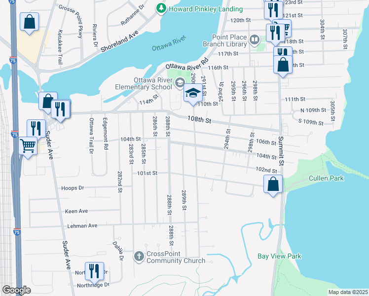map of restaurants, bars, coffee shops, grocery stores, and more near 2438 104th Street in Toledo