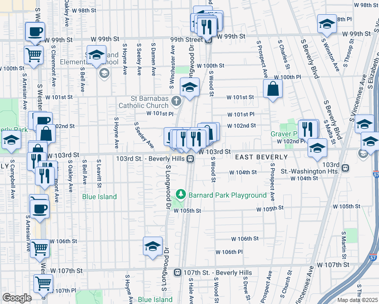 map of restaurants, bars, coffee shops, grocery stores, and more near W 103rd St & S Walden Pkwy in Chicago
