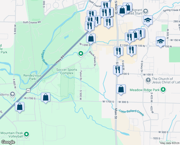 map of restaurants, bars, coffee shops, grocery stores, and more near 137 West 1309 South in Logan