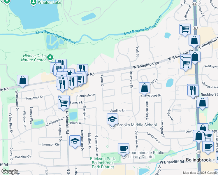 map of restaurants, bars, coffee shops, grocery stores, and more near 353 Gehrig Circle in Bolingbrook