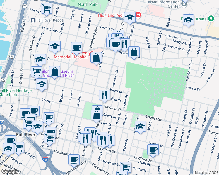 map of restaurants, bars, coffee shops, grocery stores, and more near 870 Maple Street in Fall River