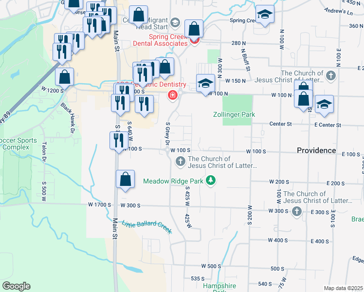 map of restaurants, bars, coffee shops, grocery stores, and more near 430 West 100 South in Providence