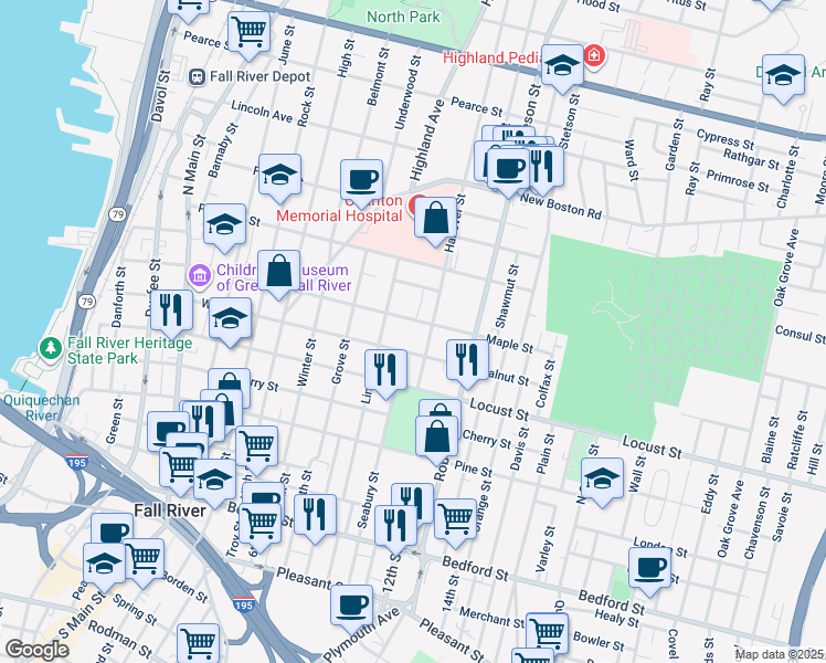 map of restaurants, bars, coffee shops, grocery stores, and more near 673 Walnut Street in Fall River