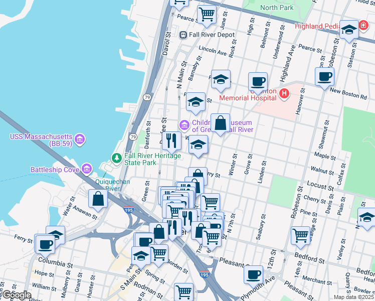 map of restaurants, bars, coffee shops, grocery stores, and more near 40 June Street in Fall River