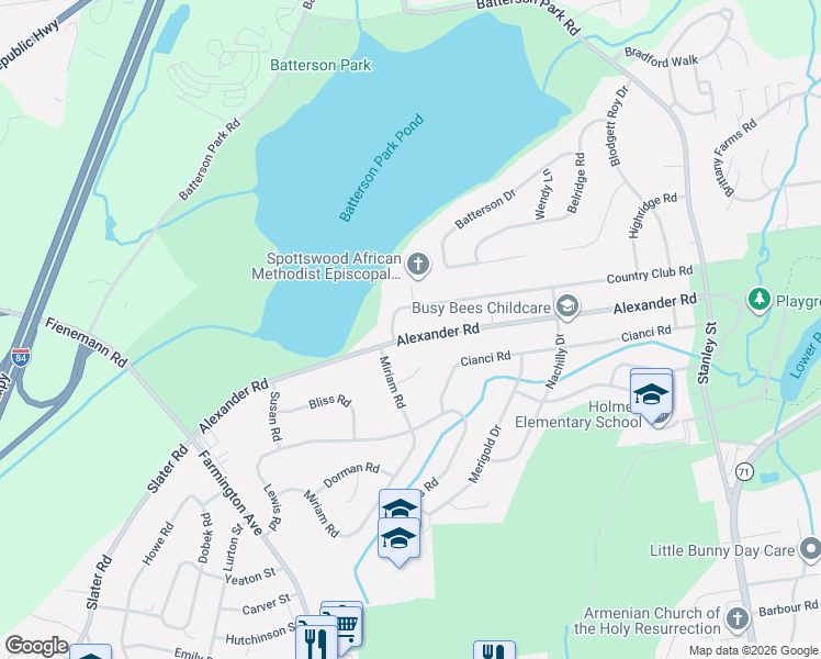 map of restaurants, bars, coffee shops, grocery stores, and more near 326 Alexander Road in New Britain