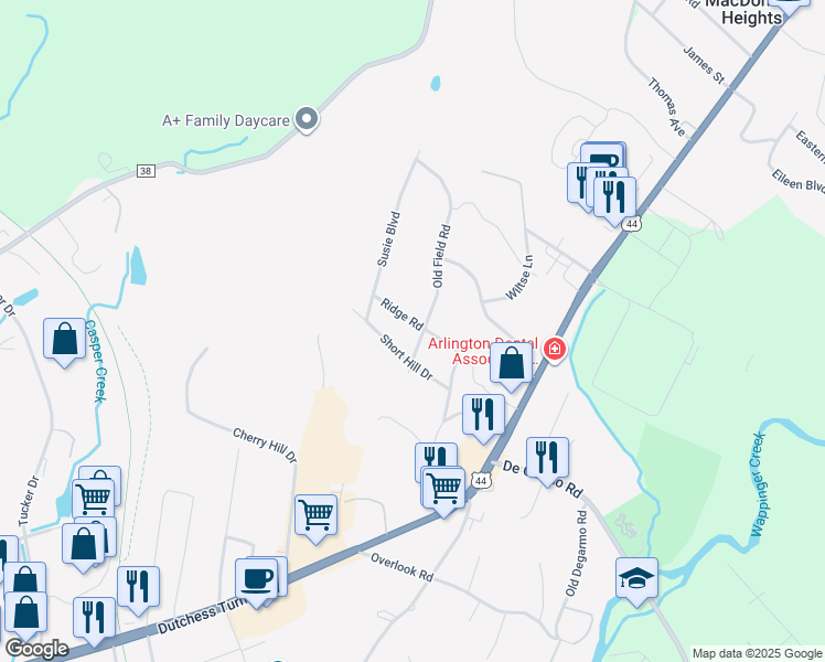 map of restaurants, bars, coffee shops, grocery stores, and more near 5 Old Field Road in Arlington