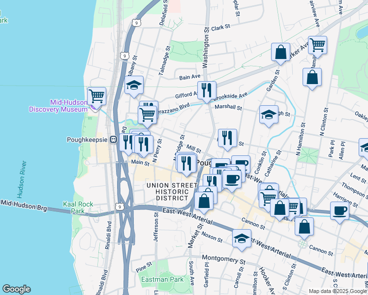 map of restaurants, bars, coffee shops, grocery stores, and more near 19 North Bridge Street in Poughkeepsie