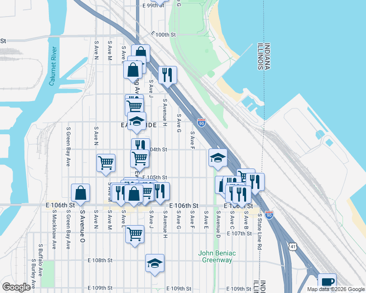 map of restaurants, bars, coffee shops, grocery stores, and more near 10410 South Avenue F in Chicago