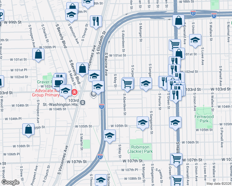 map of restaurants, bars, coffee shops, grocery stores, and more near 1120 West 103rd Place in Chicago