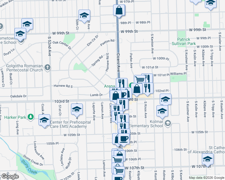 map of restaurants, bars, coffee shops, grocery stores, and more near 4831 Lamb Drive in Oak Lawn