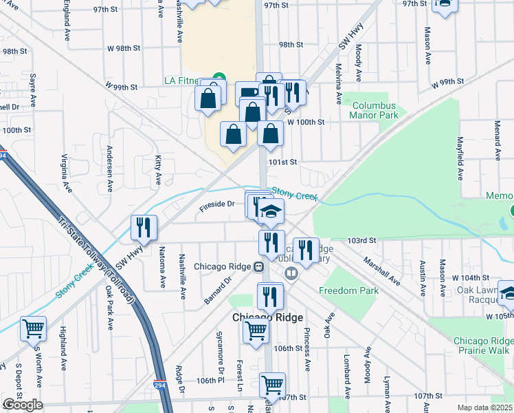 map of restaurants, bars, coffee shops, grocery stores, and more near 10231 Hyland Place in Chicago Ridge