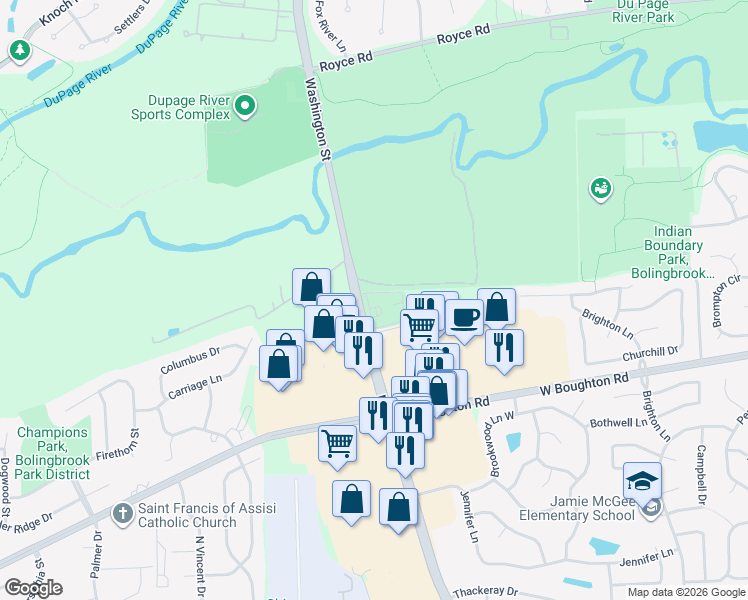 map of restaurants, bars, coffee shops, grocery stores, and more near 333 North Weber Road in Bolingbrook