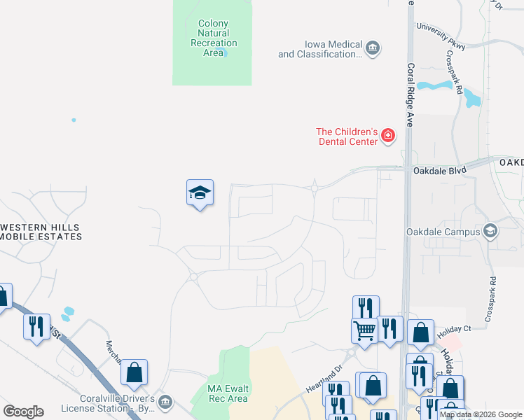 map of restaurants, bars, coffee shops, grocery stores, and more near 2498 27th Avenue in Coralville