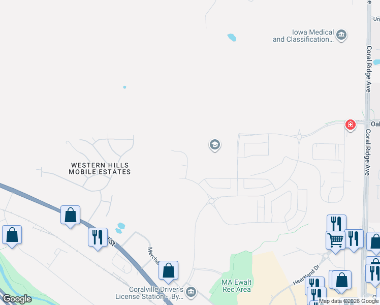 map of restaurants, bars, coffee shops, grocery stores, and more near Jones Boulevard in Coralville
