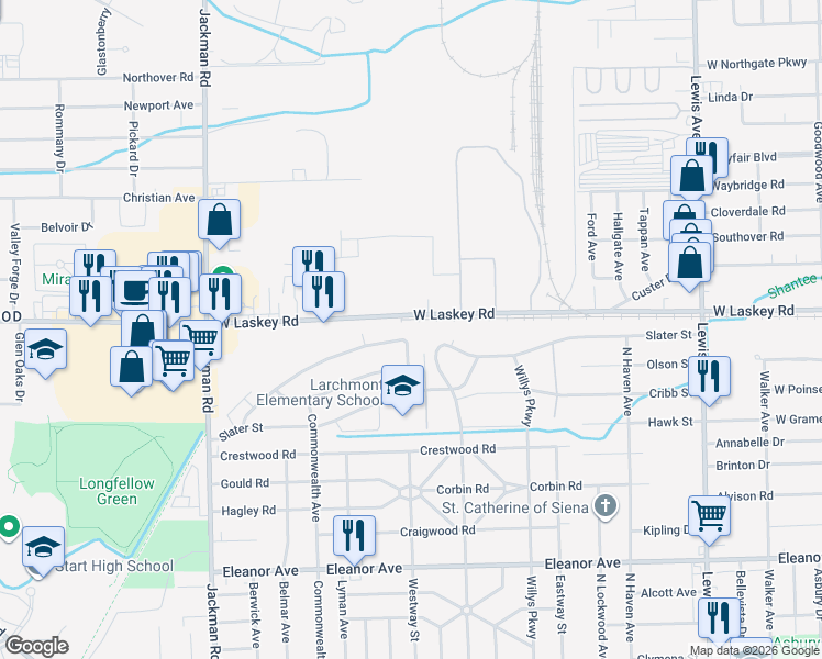 map of restaurants, bars, coffee shops, grocery stores, and more near 4840 Amesbury Road in Toledo