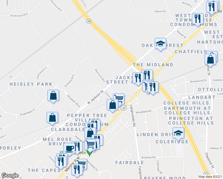 map of restaurants, bars, coffee shops, grocery stores, and more near 110 Corwin Drive in Painesville