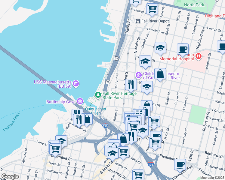 map of restaurants, bars, coffee shops, grocery stores, and more near 51 Locust Street in Fall River