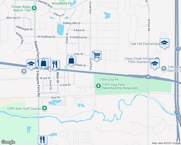 map of restaurants, bars, coffee shops, grocery stores, and more near North Croell Avenue in Tiffin