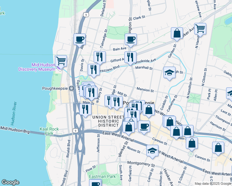 map of restaurants, bars, coffee shops, grocery stores, and more near 19 North Bridge Street in Poughkeepsie