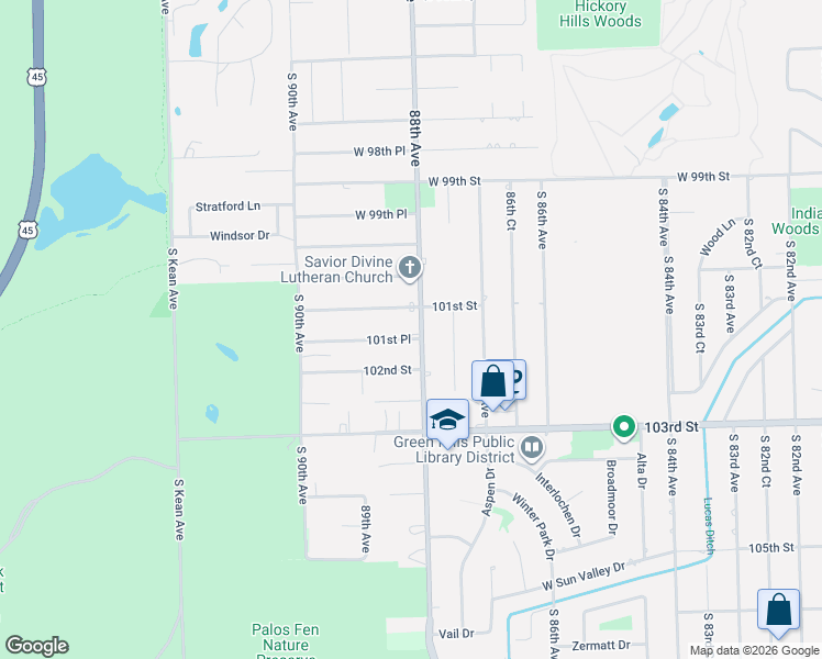 map of restaurants, bars, coffee shops, grocery stores, and more near 10140 South 88th Avenue in Palos Hills