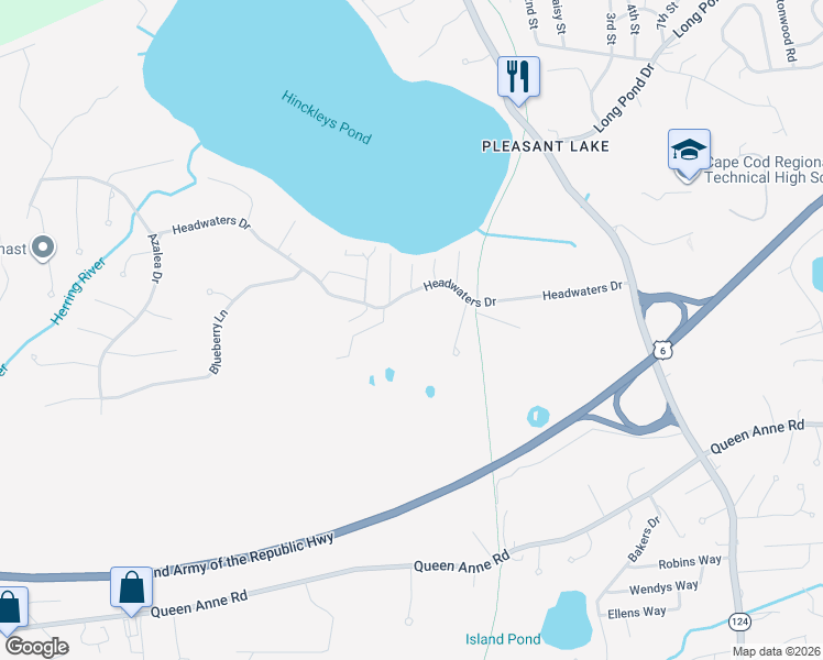 map of restaurants, bars, coffee shops, grocery stores, and more near 111 Headwaters Drive in Harwich