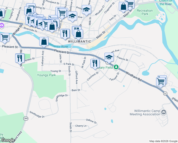 map of restaurants, bars, coffee shops, grocery stores, and more near 71 Crescent Street in Windham