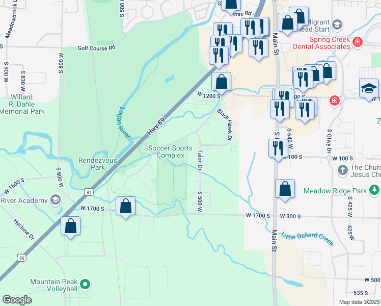 map of restaurants, bars, coffee shops, grocery stores, and more near 265 West 1395 South in Logan