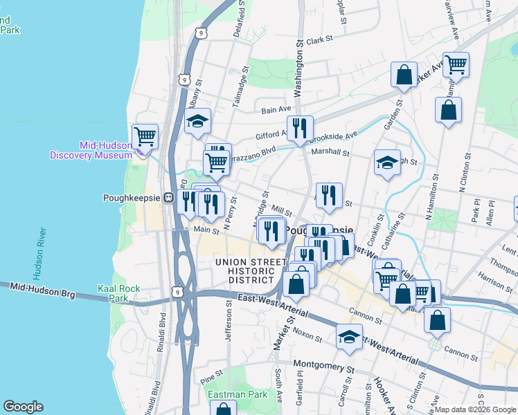 map of restaurants, bars, coffee shops, grocery stores, and more near 19 North Bridge Street in Poughkeepsie