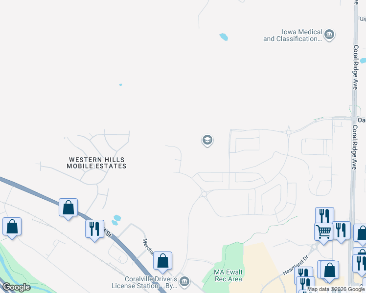 map of restaurants, bars, coffee shops, grocery stores, and more near Jones Boulevard in Coralville